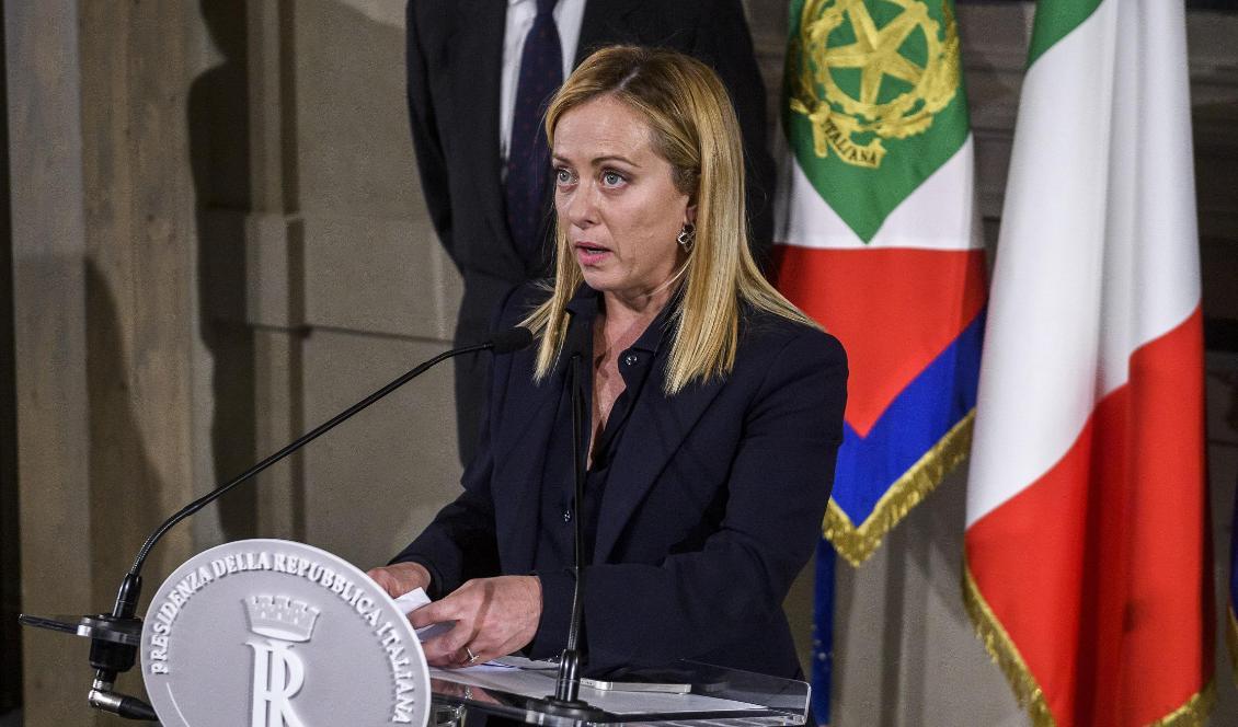 

Giorgia Meloni, ledare för Italiens bröder, talar under på en pressträff efter att ha utsetts till premiärminister den 21 oktober 2022. Foto: Antonio Masiello/Getty Images                                                                                        