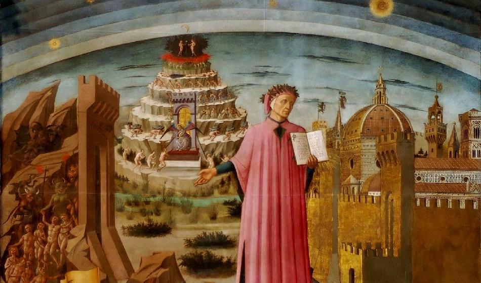 Dante med Den Gudomliga komedin, vid ingången ingången till helvetet, med skärseldsberget, staden Florens och himmelens sfärer där ovan. Fresk av Domenico di Michelino 1465. Santa Maria-del Fiore-katedralen, Florens. Foto: Public Domain