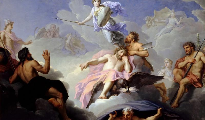 Att Athena föddes klar för strid från Zeus panna, tolkas som att hon var intelligent, vis och en god strateg. ”Athenas födelse” av René-Antoine Houasse innan 1688. Palatset i Versailles. Foto: Public Domain
