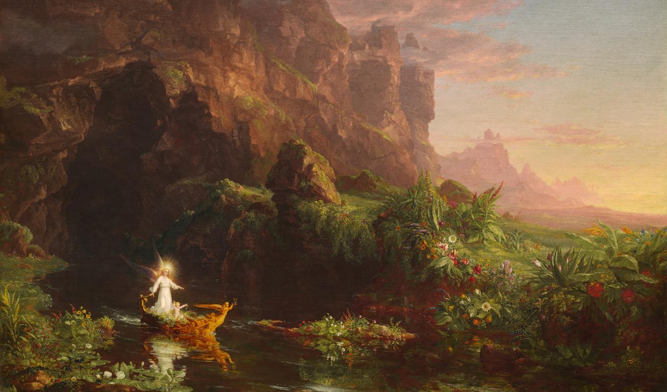 I fören håller en ängel ett timglas mot himlen, vilket visar att pojkens tid är bestämd. Livets resa: Barndomen, 1842, av Thomas Cole. National Gallery of Art, Washington. Foto: Public Domain