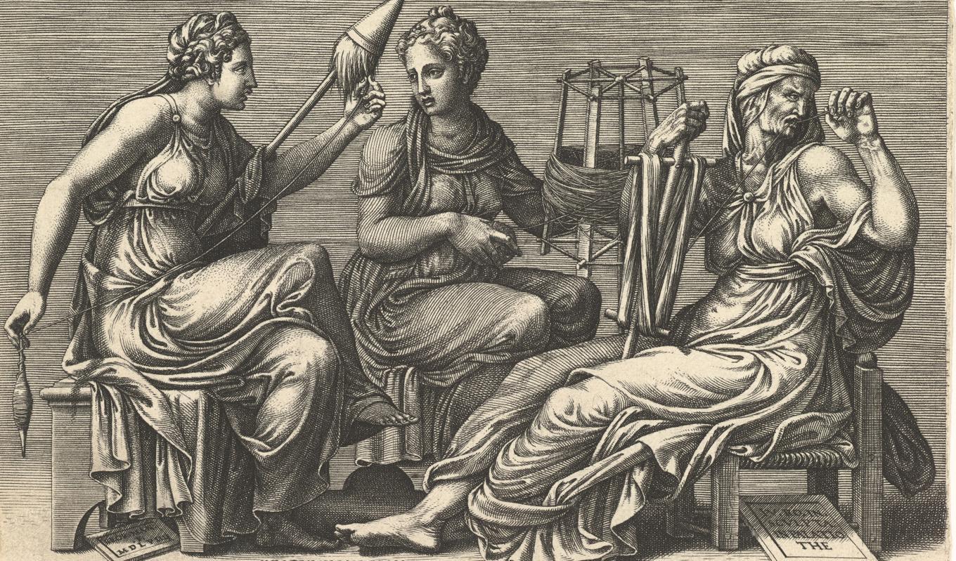 De tre ödena Klotho, Lachesis och Atropos, av Giorgio Ghisi 1558–1559, efter Giulio Romano. Metropolitan Museum of Art, New York. Foto: Public domain