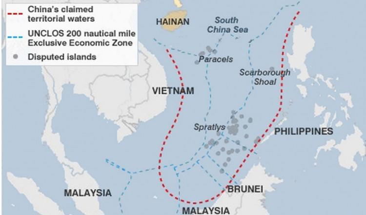 En karta som visar de omtvistade vattnen i Sydkinesiska havet.Foto: UNCLOS och CIA