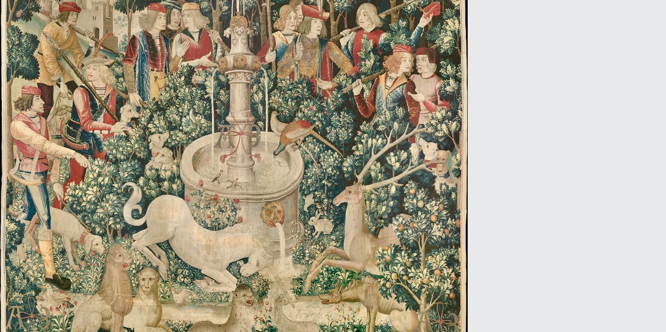 ”Enhörningen renar vatten” (1495–1505). Varp av ull med inslag av ull, silke, silver och förgyllt material, 3,68 x 3,78 meter. Gåva av John D. Rockefeller Jr. (1937). Museet The Met Cloisters, New York. Foto: Public Domain