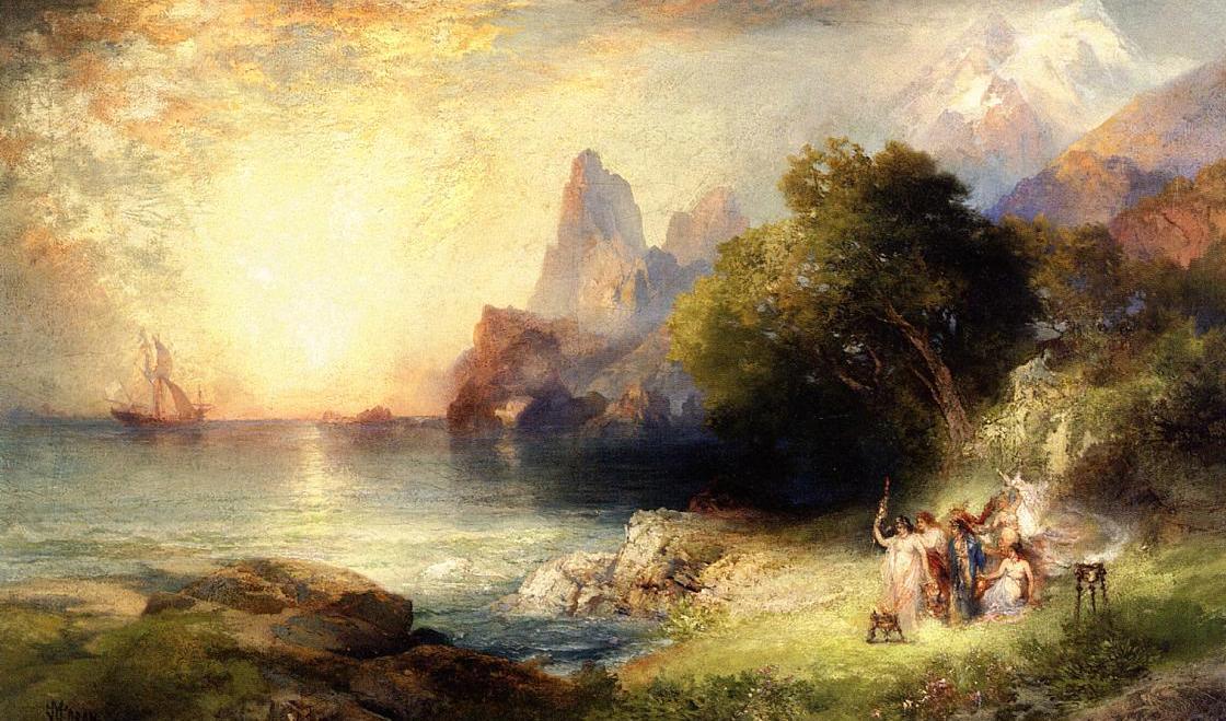 Många önskar en tillvaro fylld av äventyr och upplevelser. Oljemålning på pannå från cirka 1900 av amerikanen Thomas Moran, med titeln Odysseus och sirenerna. Återfinns i privat samling. Foto: Public Domain