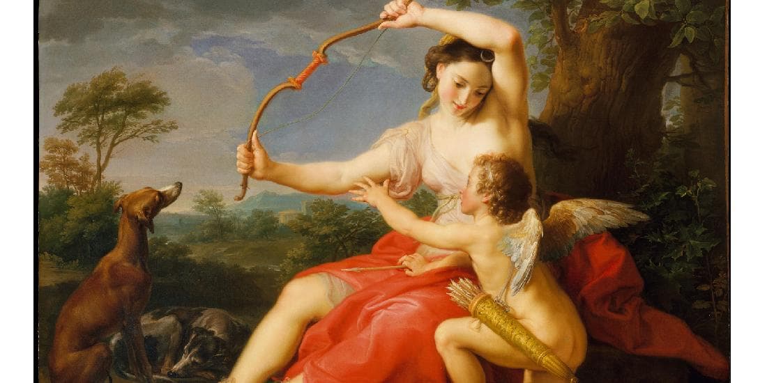 ”Diana och Amor”, oljemålning på duk från 1761 av den italienske konstnären Pompeo Batoni. Metropolitan Museum of Art i New York. Foto: Public Domain