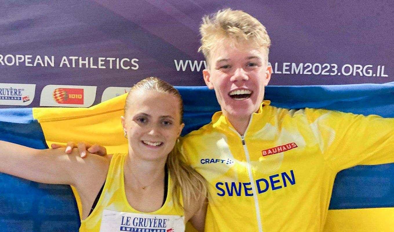 Nora Lindahl och Jonathan Grahn tog båda guld i U20-EM i Jerusalem. Foto: Mikael Wennolf/Svensk Friidrott/TT