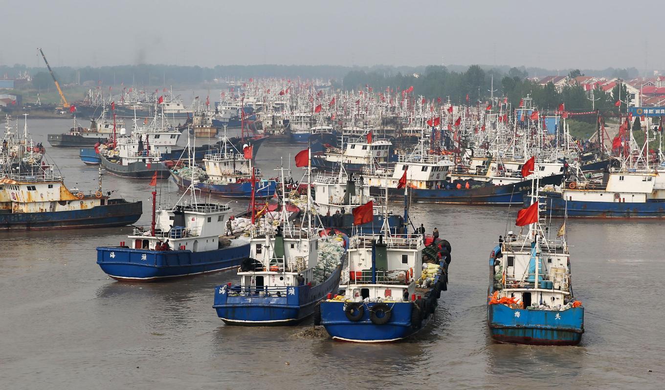 Fiskebåtar på väg ut mot havet från hamnen i Lianyungang, i östra Jiangsu-provinsen i Kina den 1 maj 2017. Foto: STR/AFP via Getty Images