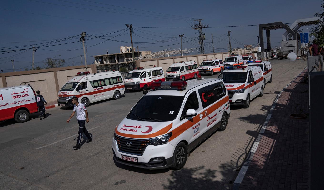 Ambulanserna radar upp sig vid gränsövergången Rafah. Foto: Fatima Shbair/AP/TT