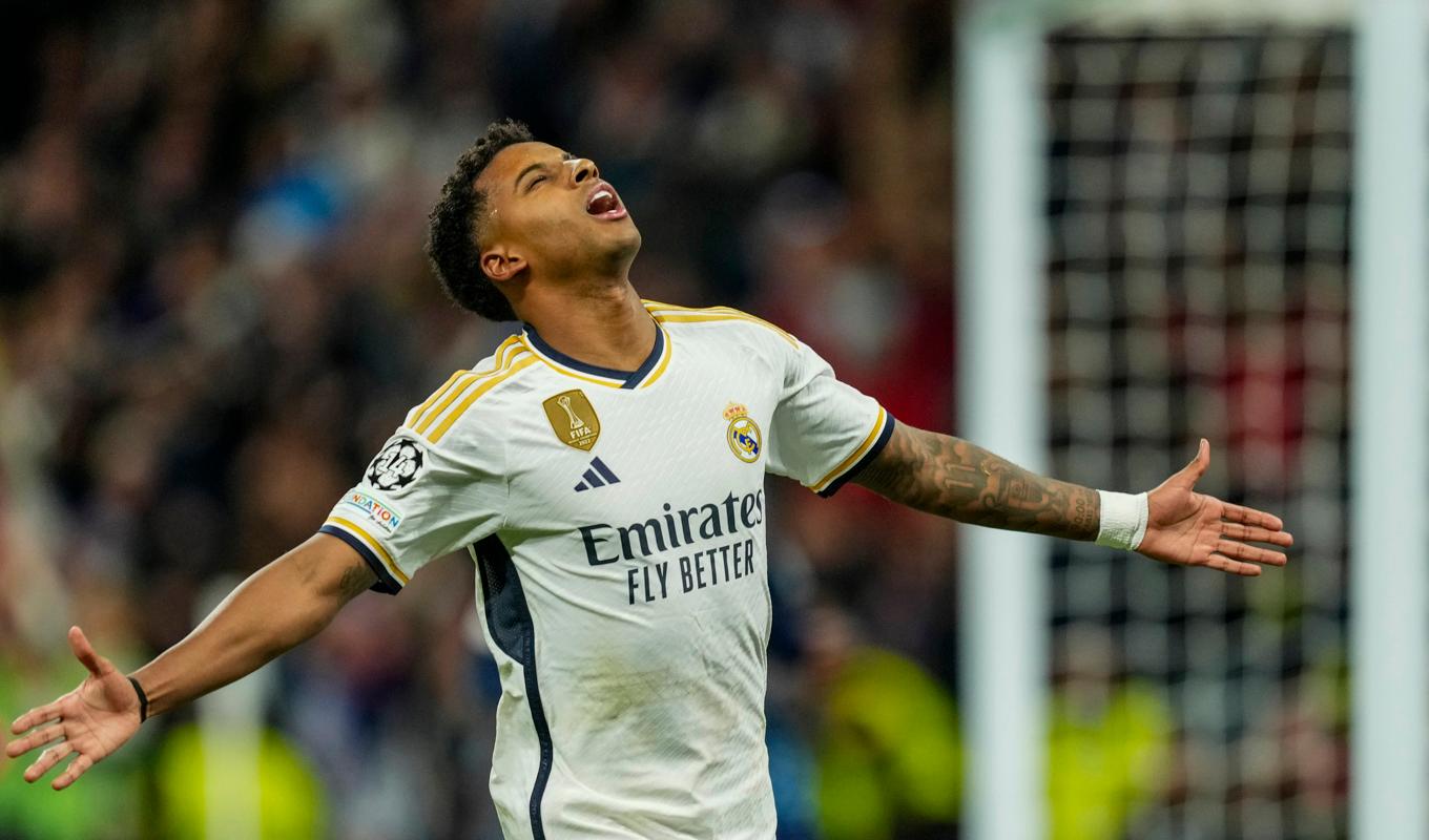 Real Madrids Rodrygo firar sitt mål i 3–0-segern mot Braga. Foto: Jose Breton/AP/TT
