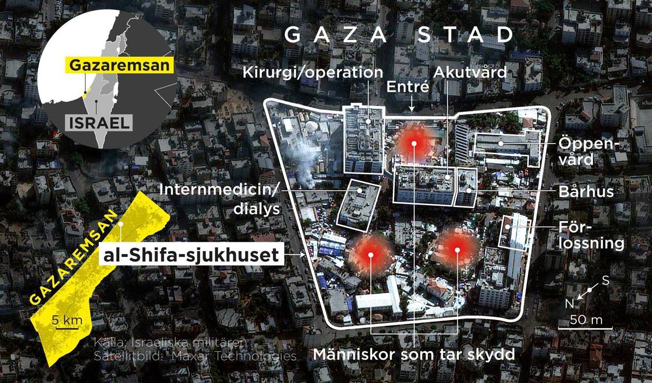 Området runt al-Shifa, Gazaremsans största sjukhus, har hamnat i fokus för striderna i området de senaste dagarna. Foto: Johan Hallnäs