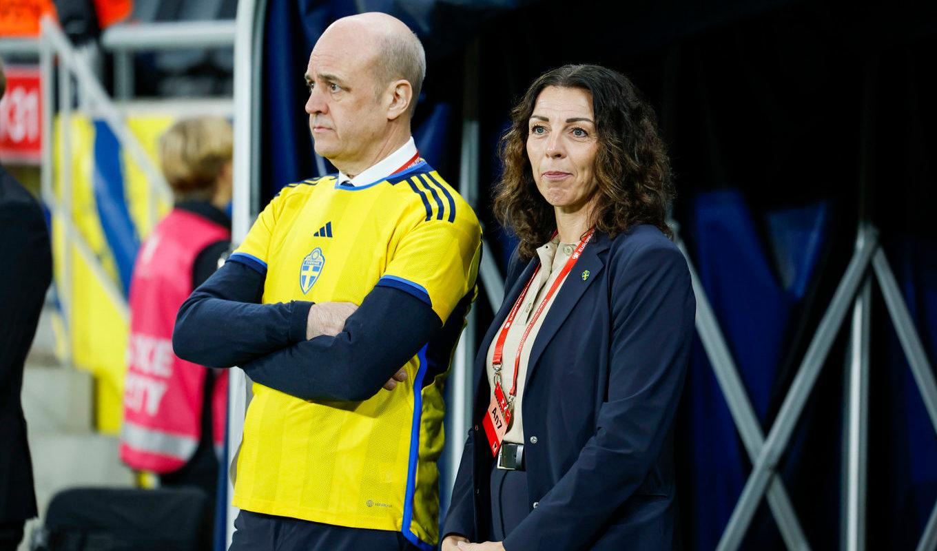 Fredrik Reinfeldt, ordförande för Svenska fotbollförbundet, och Andrea Möllerberg, generalsekreterare, har en hel del att fundera på. Foto: Christine Olsson/TT