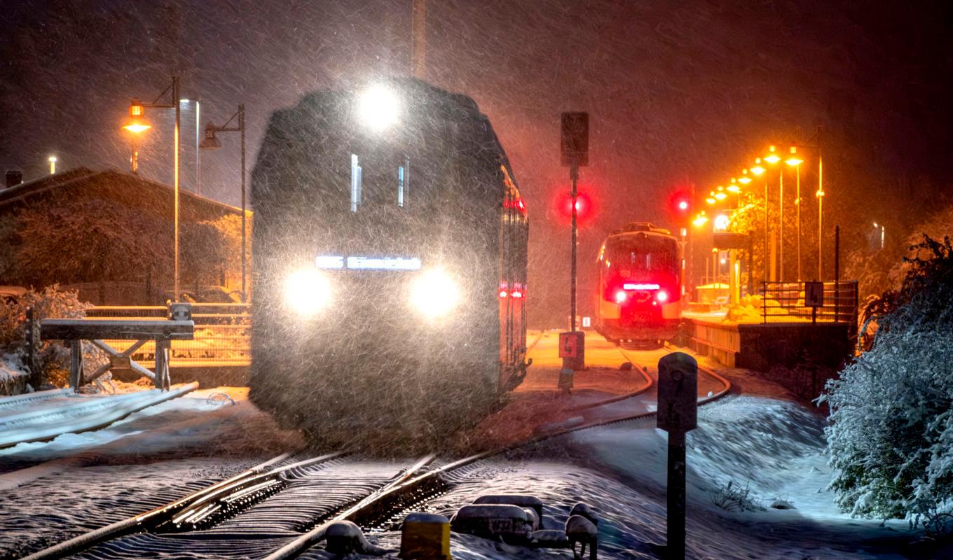 Ett tåg lämnar stationen i Wehrheim utanför Frankfurt på tisdagsmorgonen. Tåget till höger på väg in till Frankfurt kunde inte åka vidare på grund av att träd fallit över spåren. Foto: Michael Probst/AP/TT