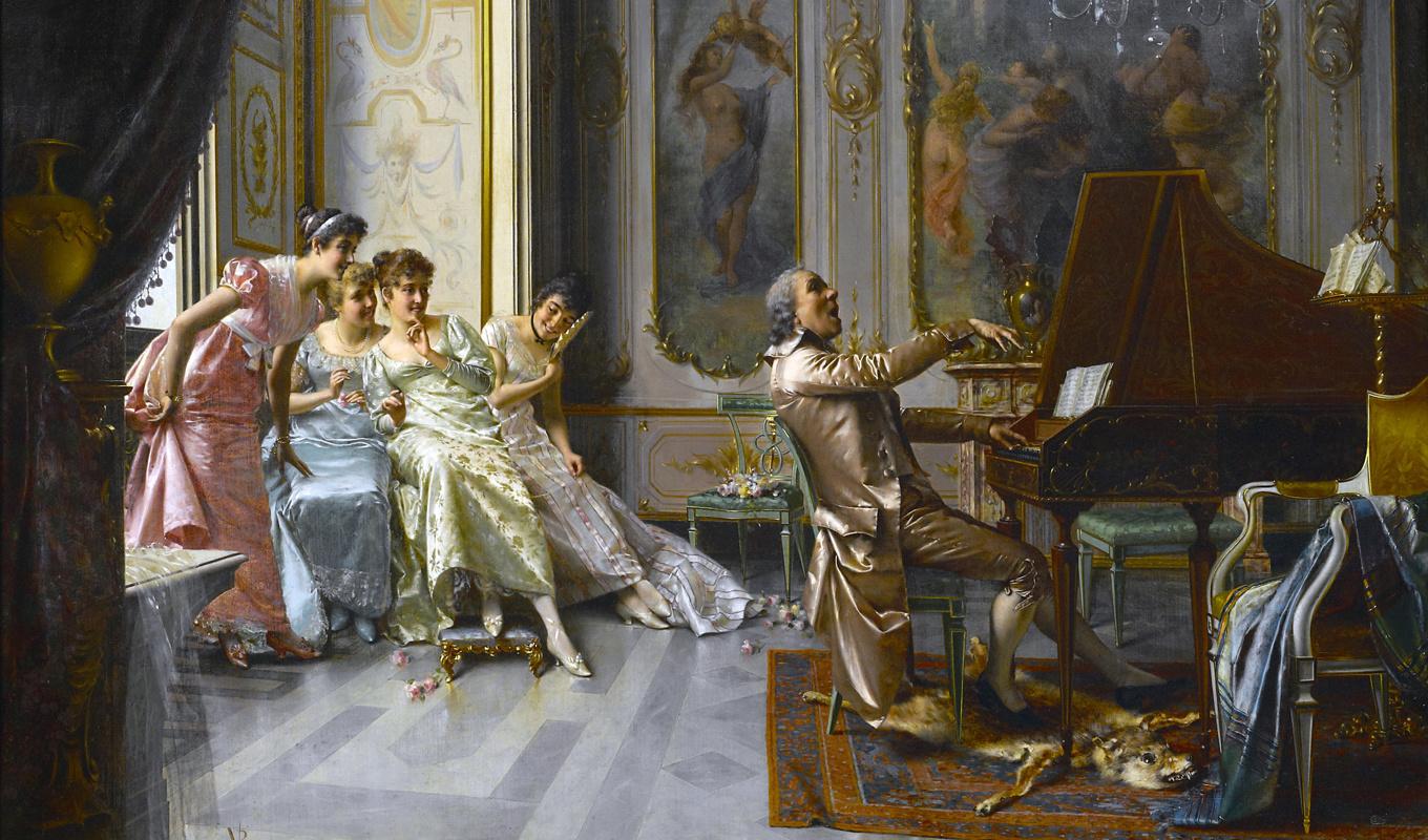 Leenden och skratt – glädjen som finner utlopp och ger oss välmående. Målning av Vittorio Reggianini (1858–1939).Foto: Public Dom,ain