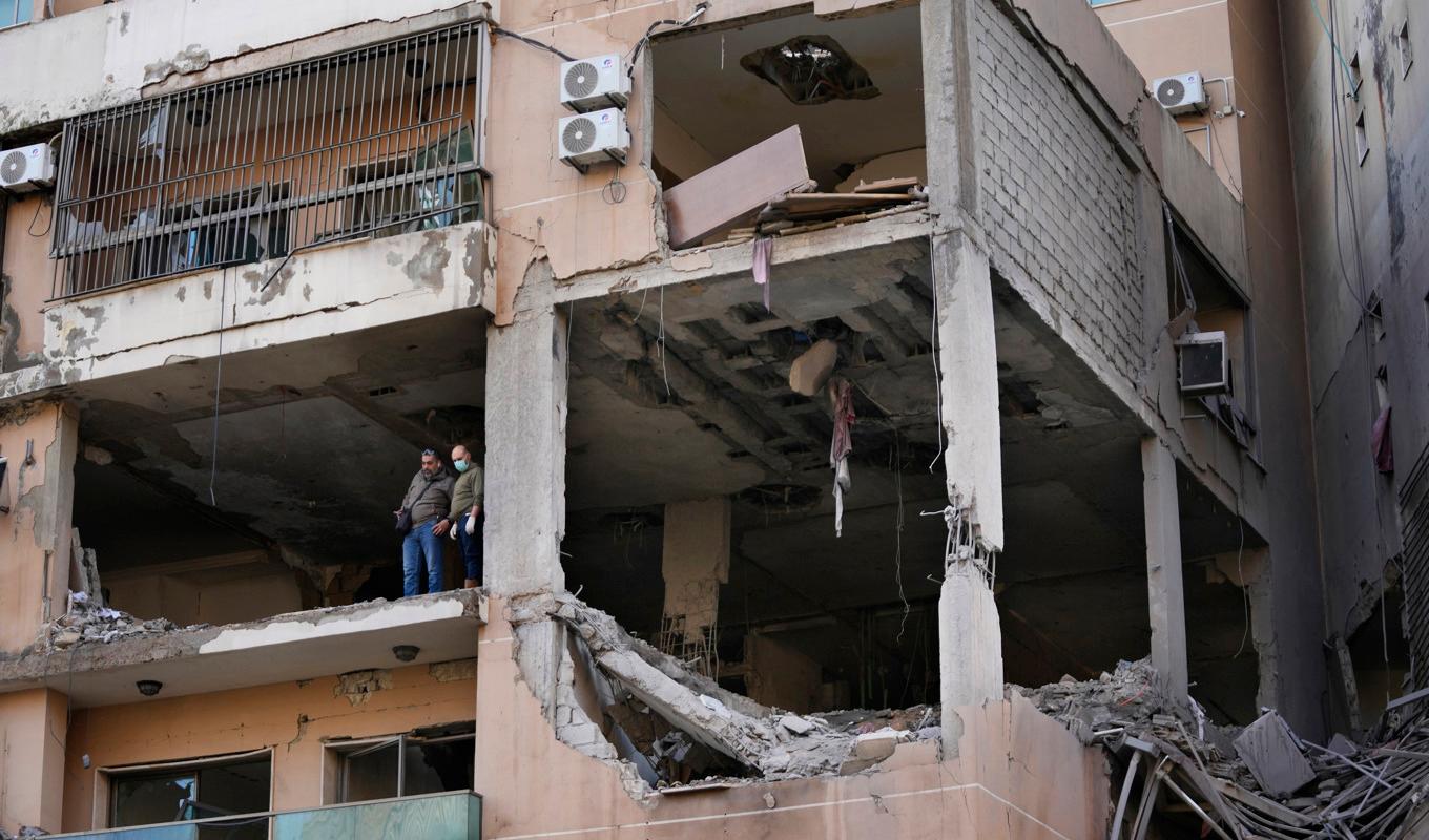 Lägenhetshuset i Beirut där Hamas näst högste politiske ledare Saleh al-Aruri dödades på tisdagen. Foto: Hussein Malla/AP/TT