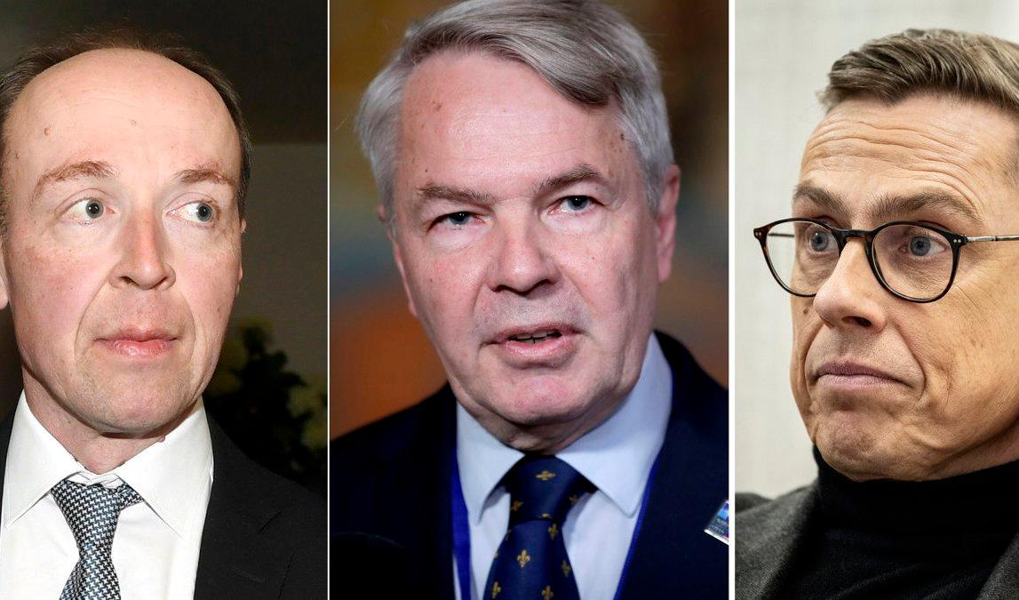 Striden om att gå till en andra omgång står mellan Jussi Halla-aho (Sannf), Pekka Haavisto (obunden) och Alexander Stubb (Saml). Arkivbilder. Foto: Vesa Moilanen/Lehtikuva/AP, Hanna Johre/NTB, Christine Olsson/TT