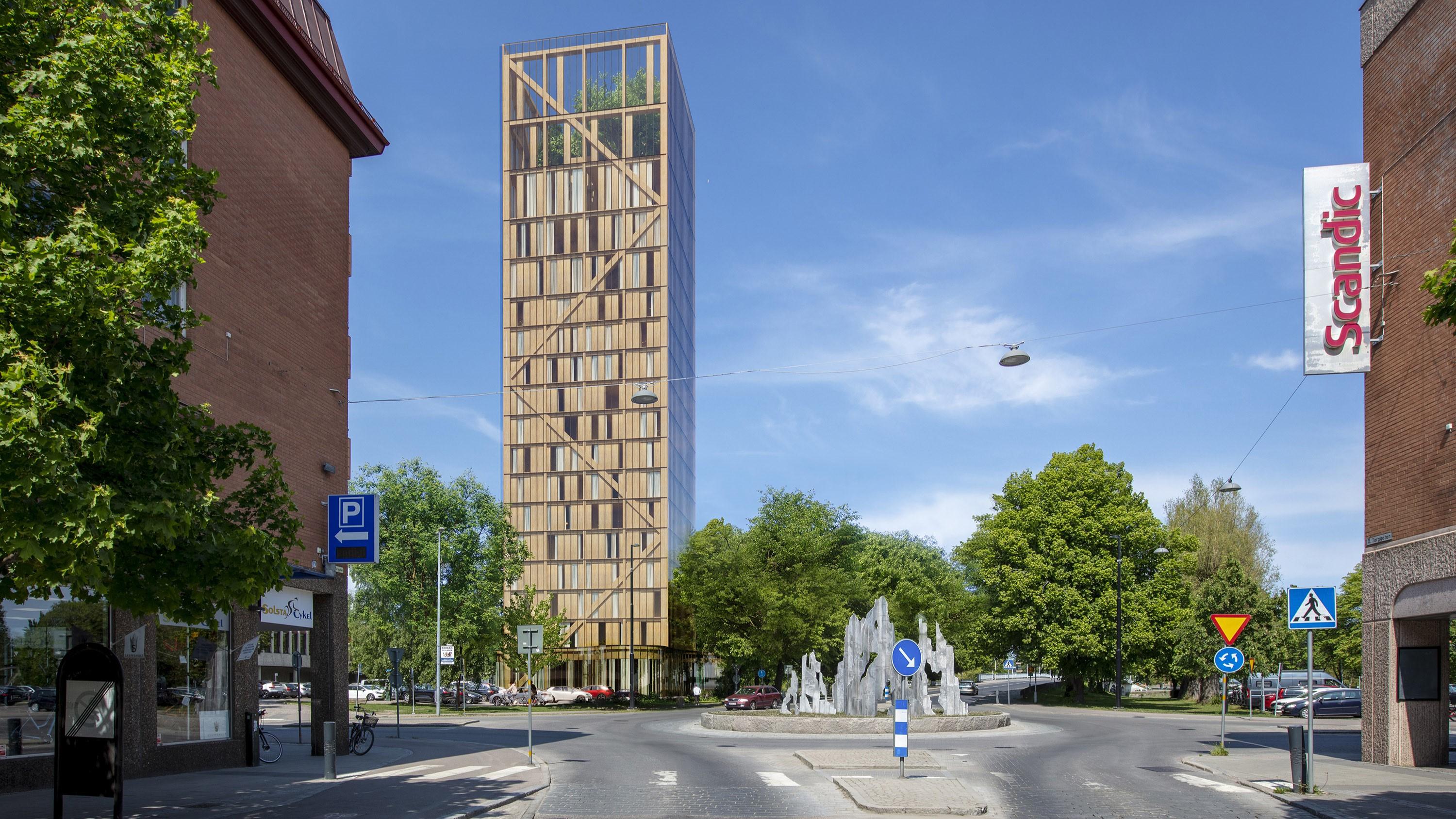Ett hundra meter högt hotell i trä planeras i Karlstad. Om det byggs kan det bli världens högsta träbyggnad. Foto: Wingårdhs arkitektbyrå