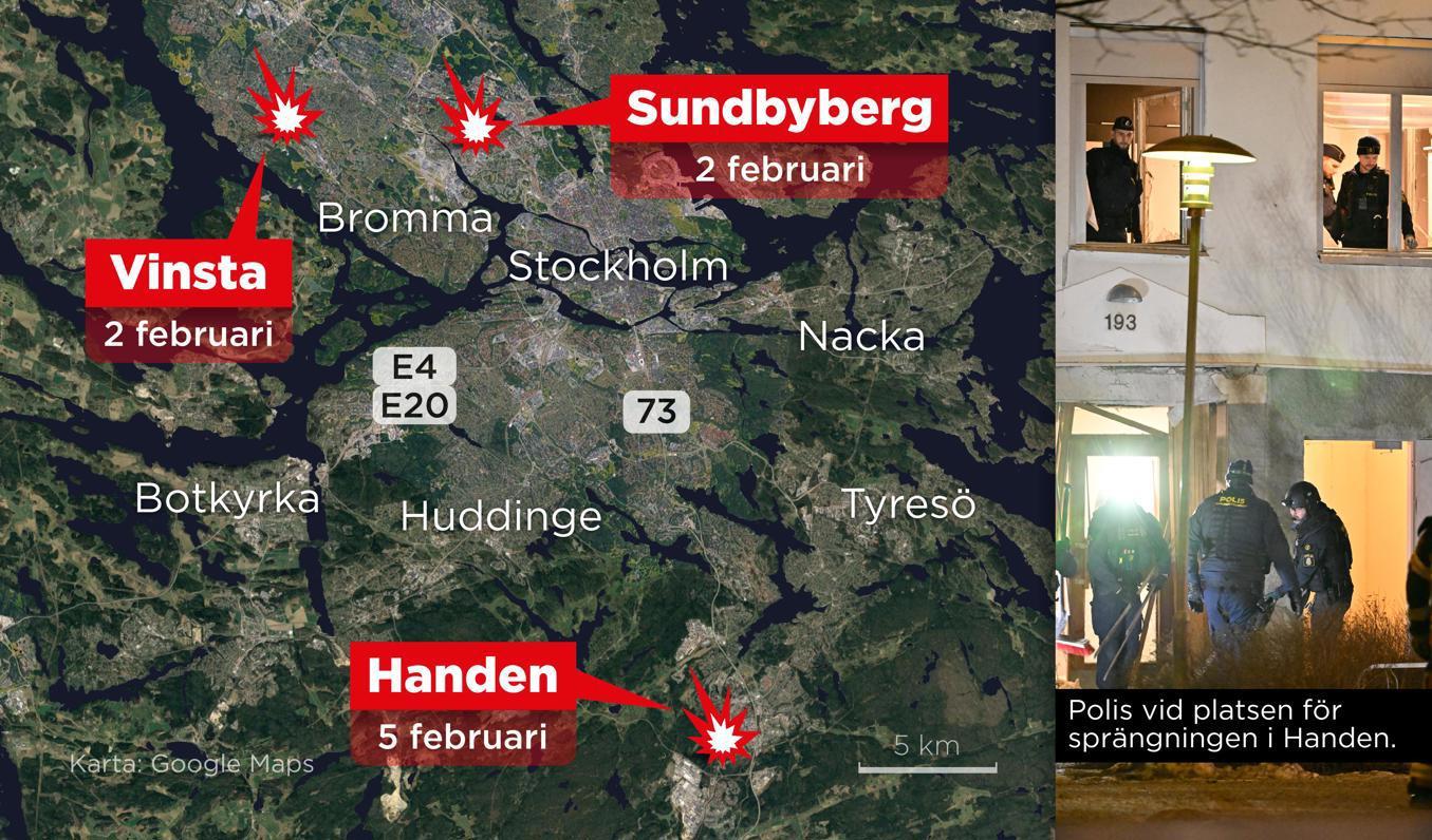 Kartan visar Vinsta, Sundbyberg och Handen där sprängningar skett under de senaste dygnen. Foto: Anders Humlebo