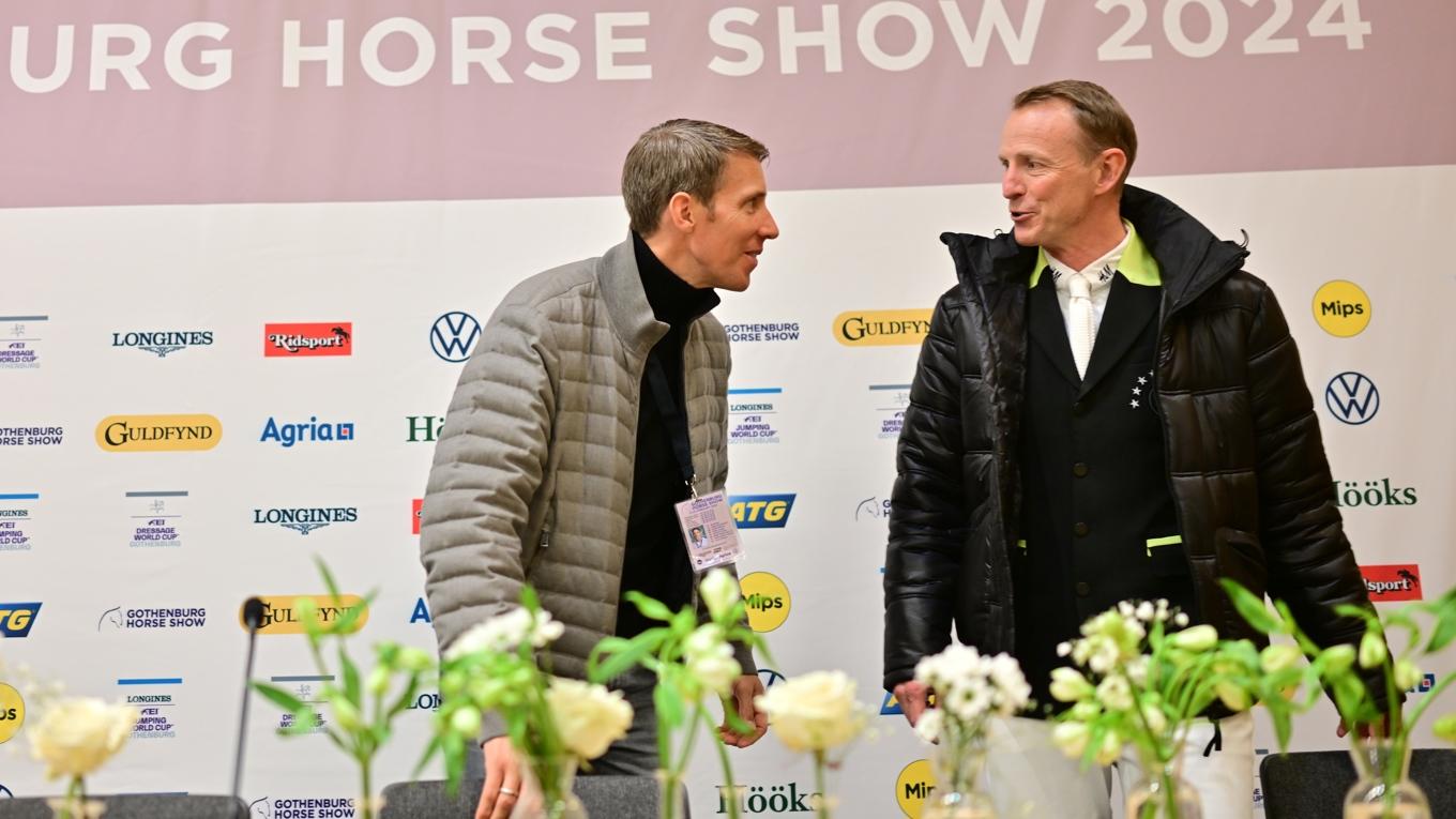 Henrik von Eckermann och Peder Fredricson på onsdagens pressträff inför världscuptävlingarna i Göteborg. Båda är redan klara för finalen i Riyadh. Foto: Björn Larsson Rosvall/TT