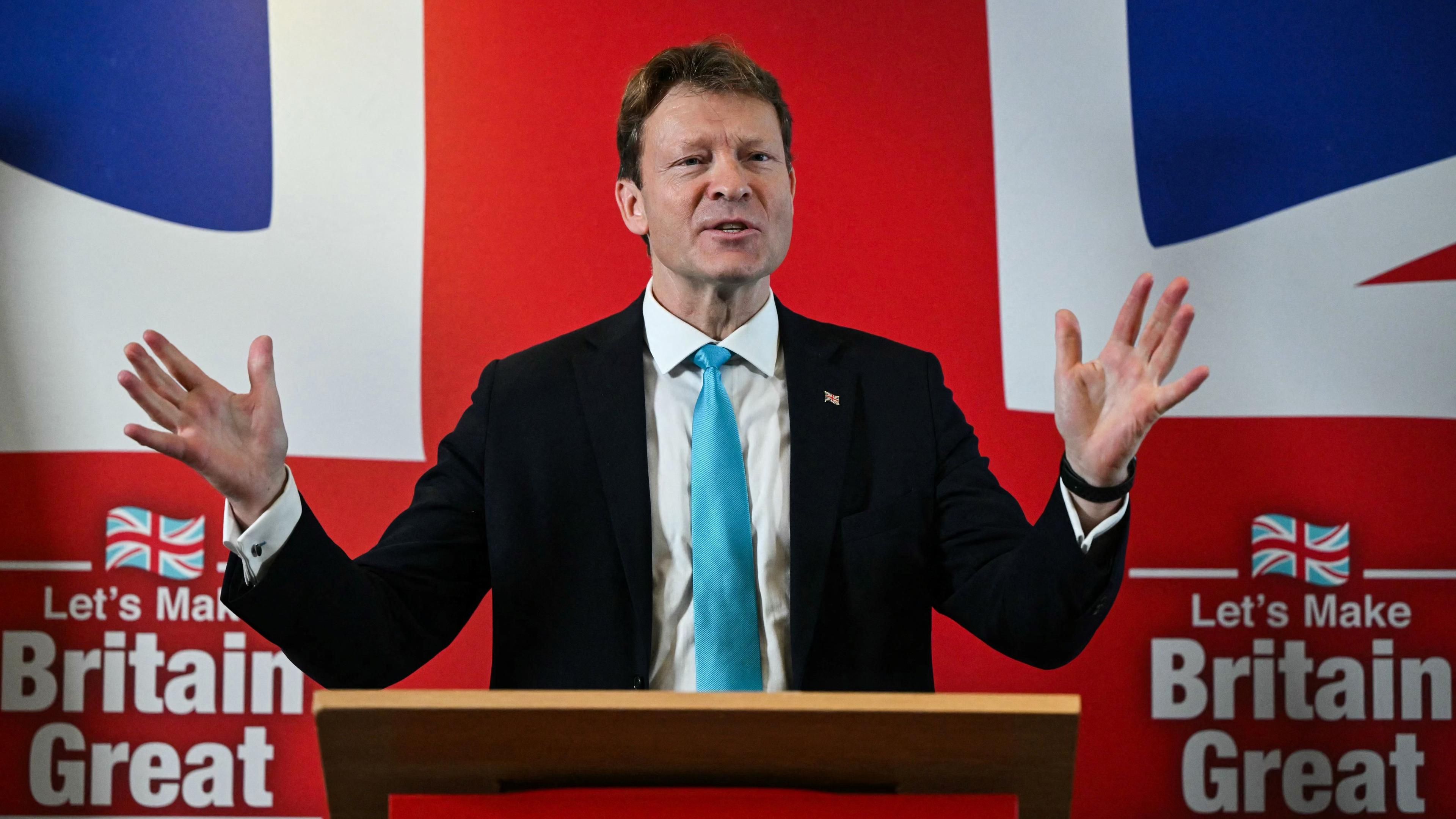 Richard Tice som är ledare för det brittiska partiet Reform UK håller tal i London den 3 januari. Foto: Justin Tallis/AFP via Getty Images