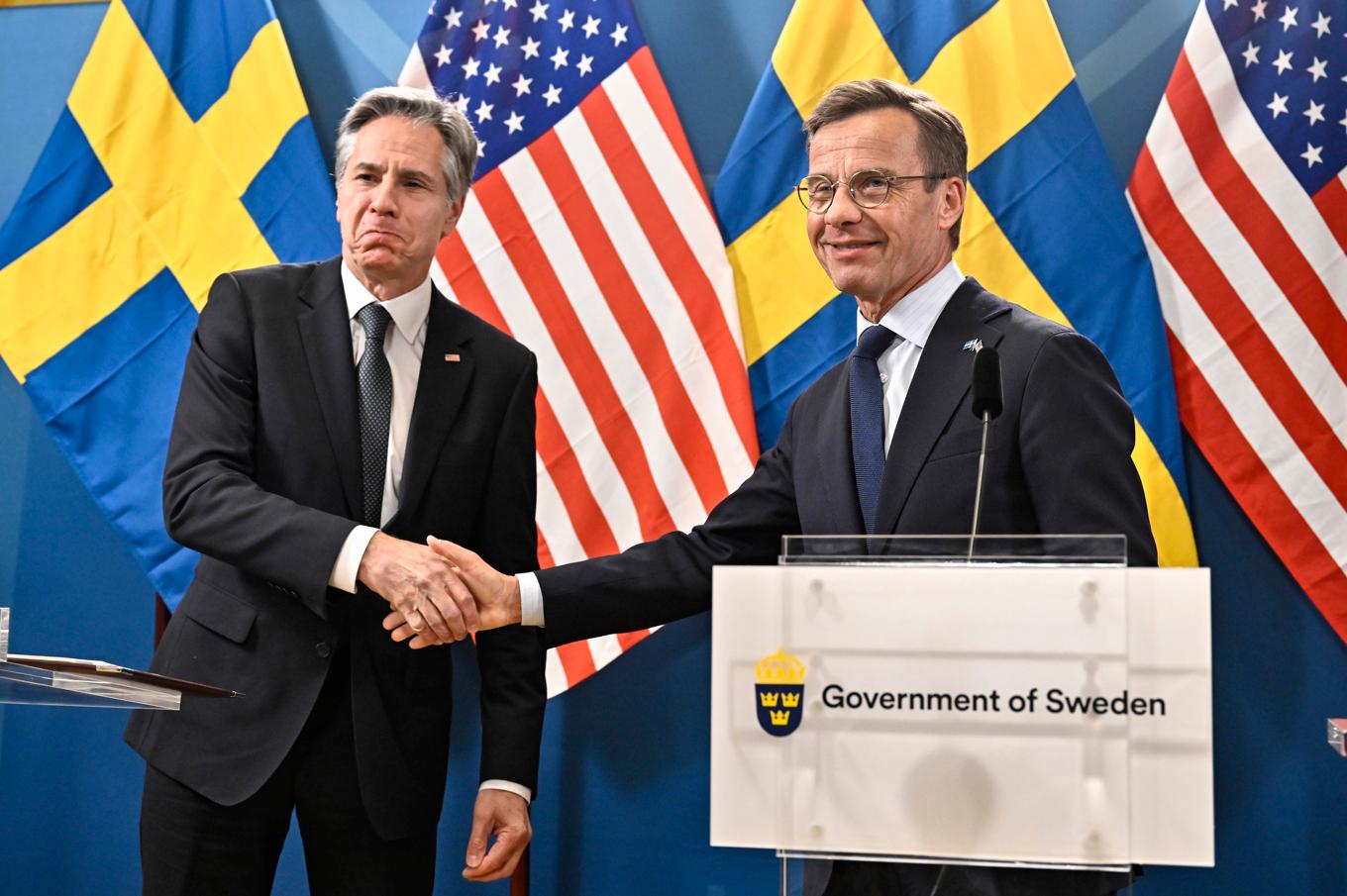 USA:s utrikesminister Antony Blinken och statsminister Ulf Kristersson under ett tidigare möte. Arkivbild Foto: Jonas Ekströmer/TT