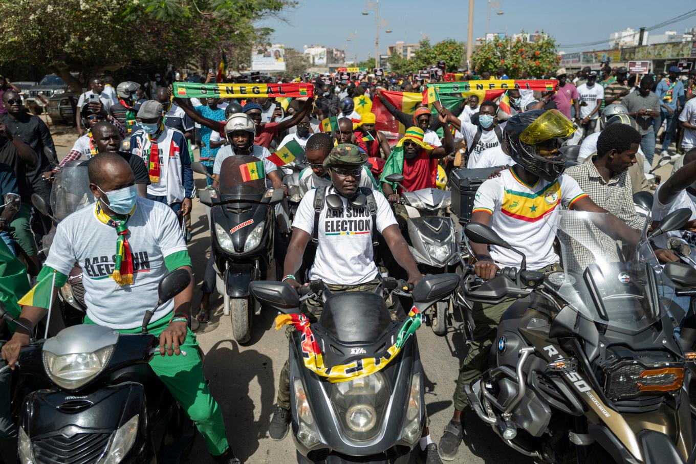 Demonstrationer i februari efter det att president Macky Sall beslutade att skjuta upp valet, som inledningsvis skulle ha hållits den 25 februari. Arkivbild. Foto: Sylvain Cherkaoui/AP/TT