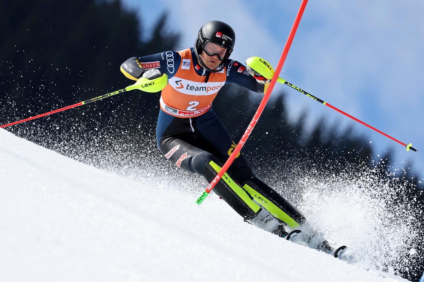 Anna Swenn Larsson slutade trea i världscupfinalen i slalom. Foto: Marco Trovati/AP/TT