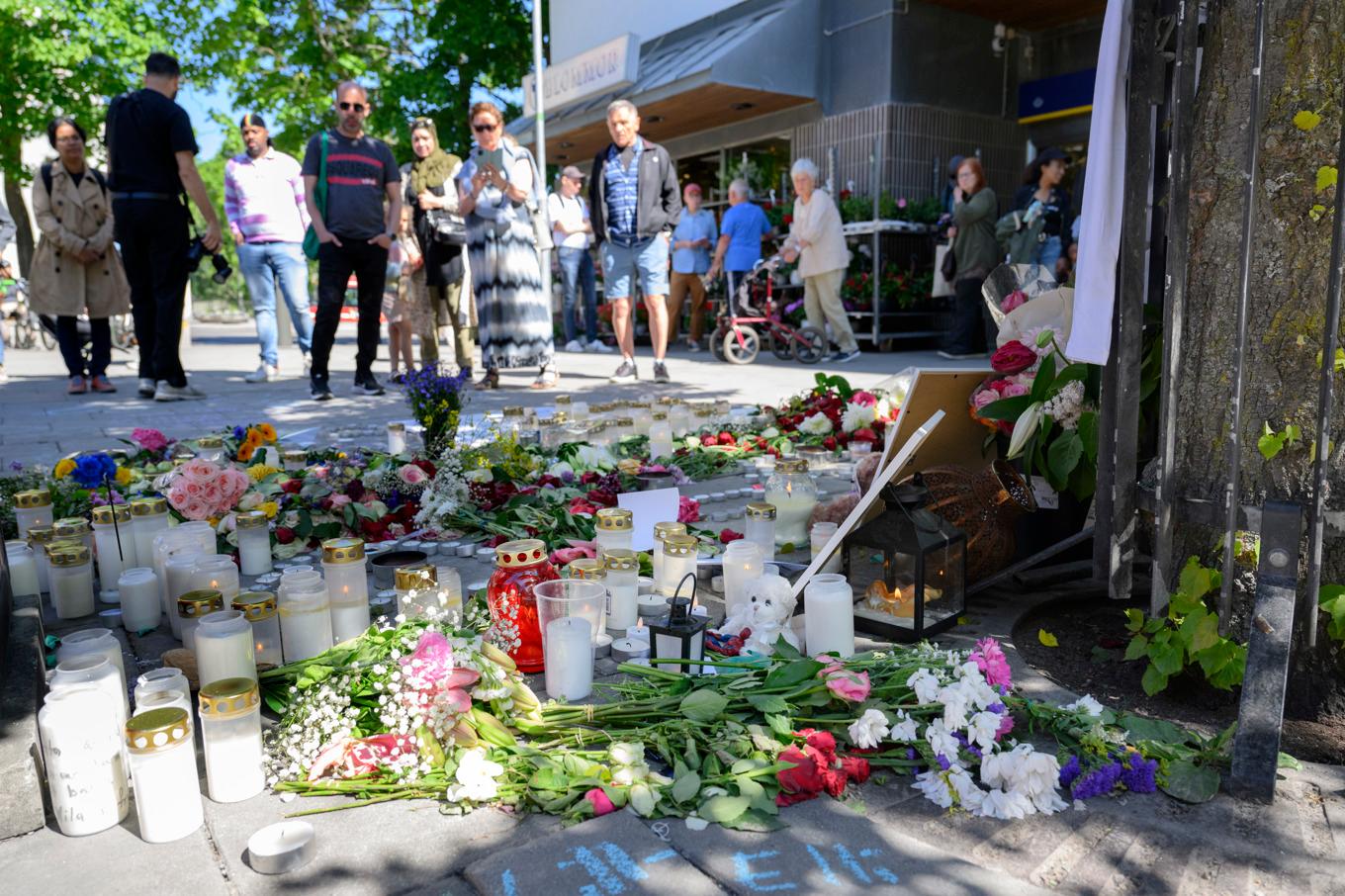 Farsta centrum efter skjutningarna den 10 juni förra året, då två personer dog och två skadades. Arkivbild. Foto: Jessica Gow/TT