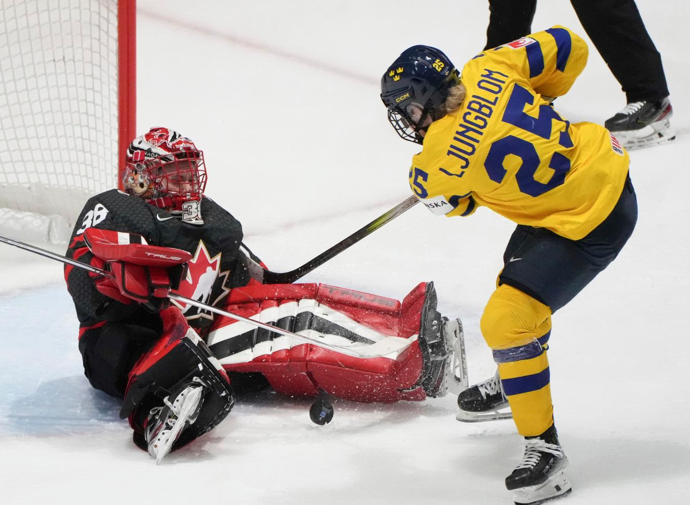 Lina Ljungblom fick pucken över mållinjen, men målet dömdes bort då domaren blåste av tidigt trots att målvakten inte hade kontroll över pucken. Foto: Christinne Muschi/AP/TT