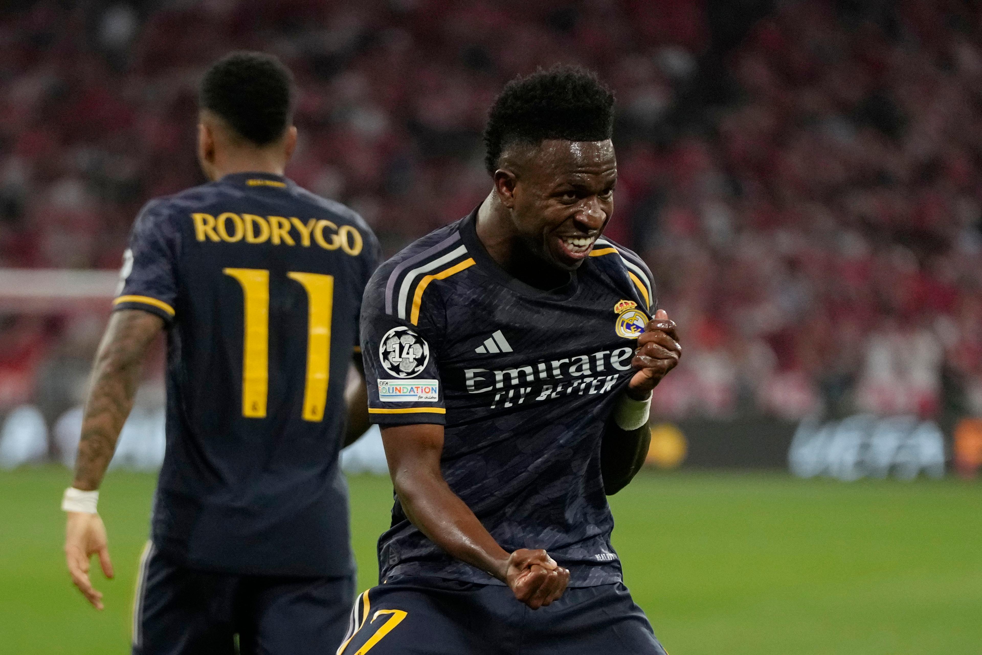 Real Madrids Vinicius Júnior blev målskytt i den första CL-semin mot Bayern München. Arkivbild. Foto: Matthias Schrader/AP/TT