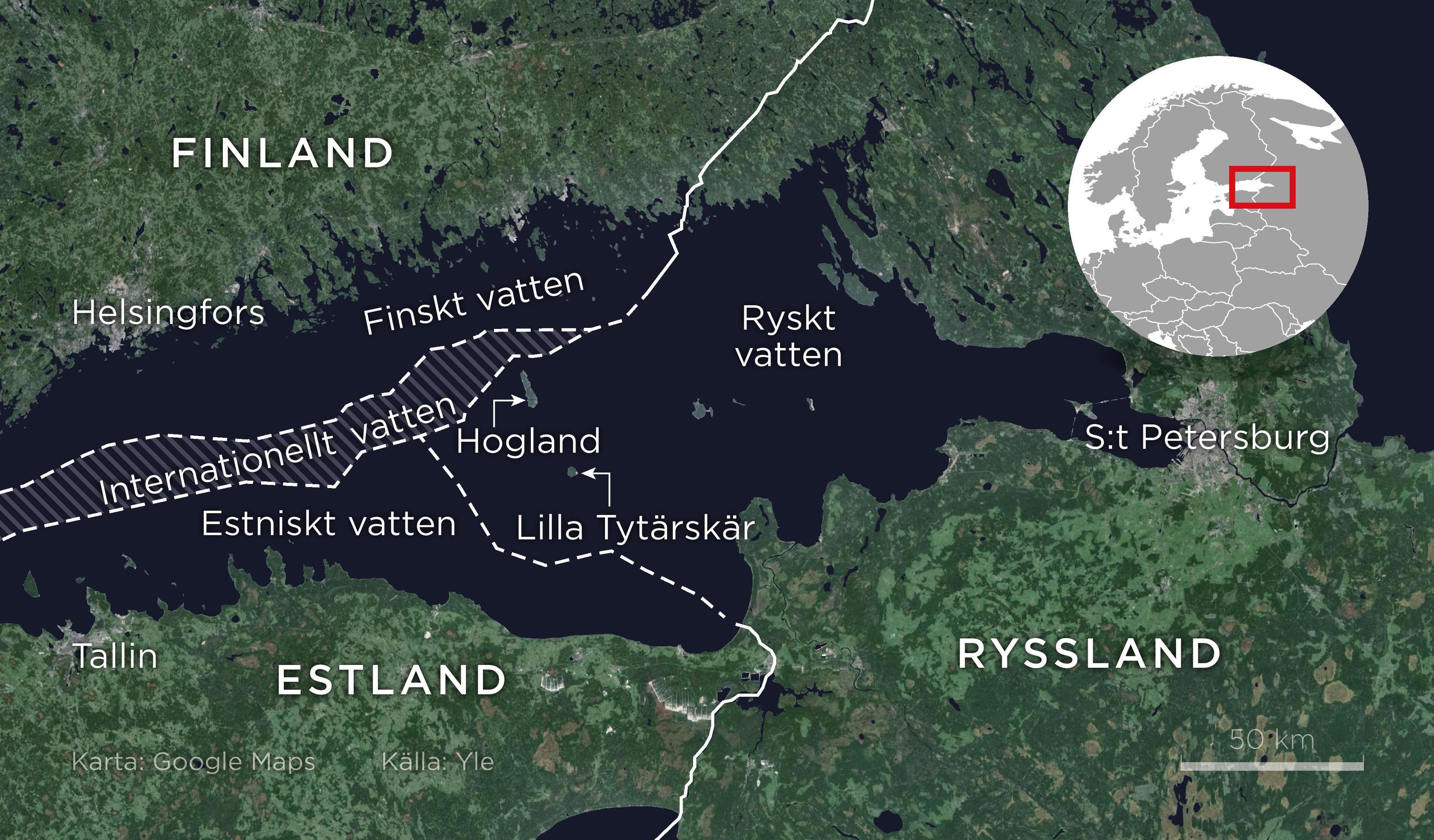 Kartan visar territoriala gränser och internationellt vatten i Finska viken. Foto: Anders Humlebo/TT