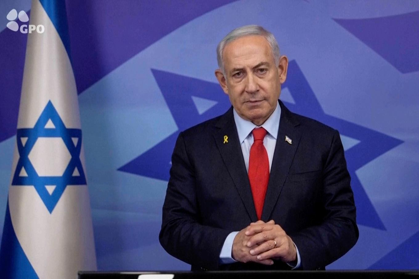 Israels premiärminister Benjamin Netanyahu under ett tv-uttalande i tisdags. Foto: AP/TT