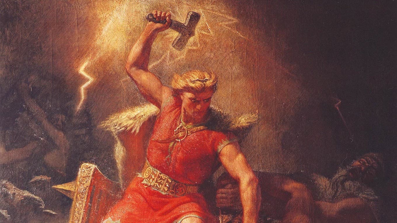 ”Tors strid med jättarna”, en målning från 1872 av konstnären Mårten Eskil Winge. I förgrunden Tors bockar, som möjligen var förebilder för julbocken. Foto: Nationalmuseum