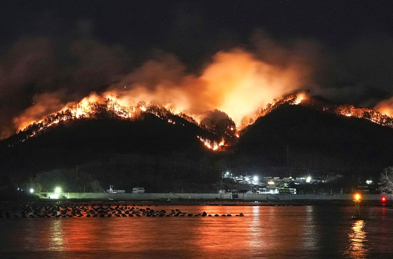 Markbranden i Iwate i norra Japan startade i förra veckan. Bild tagen i måndags. Foto: Kyodo News via AP/TT
