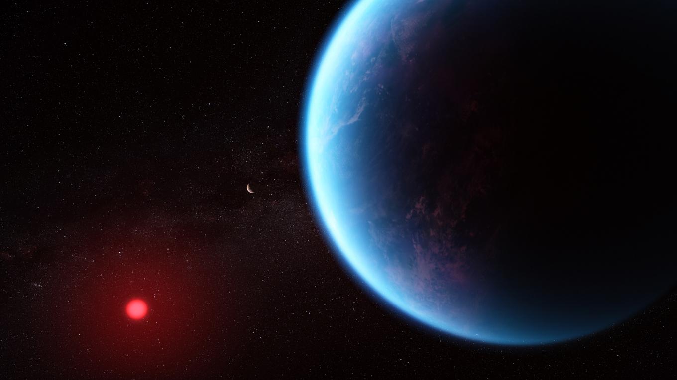 En illustration av hur exoplaneten K2-18b skulle kunna se ut, baserat på vetenskaplig data. Foto: NASA, ESA, CSA, Joseph Olmsted (STScI), Nikku Madhusudhan/University of Cambridge