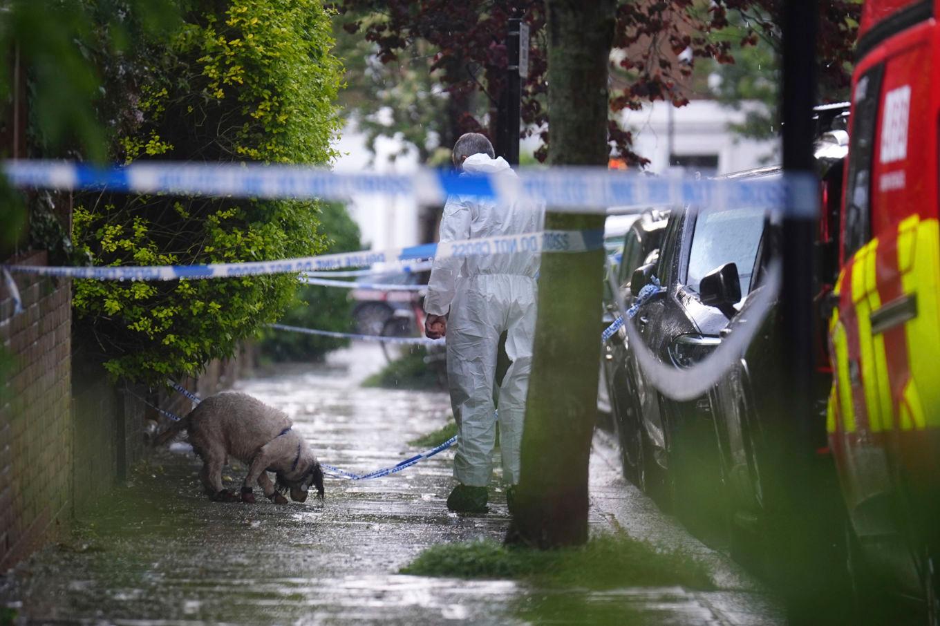 Polisens forensiker undersöker ett avspärrat område i anslutning till Keir Starmers privata bostad i nordvästra London den 12 maj. Foto: James Manning/AP/TT