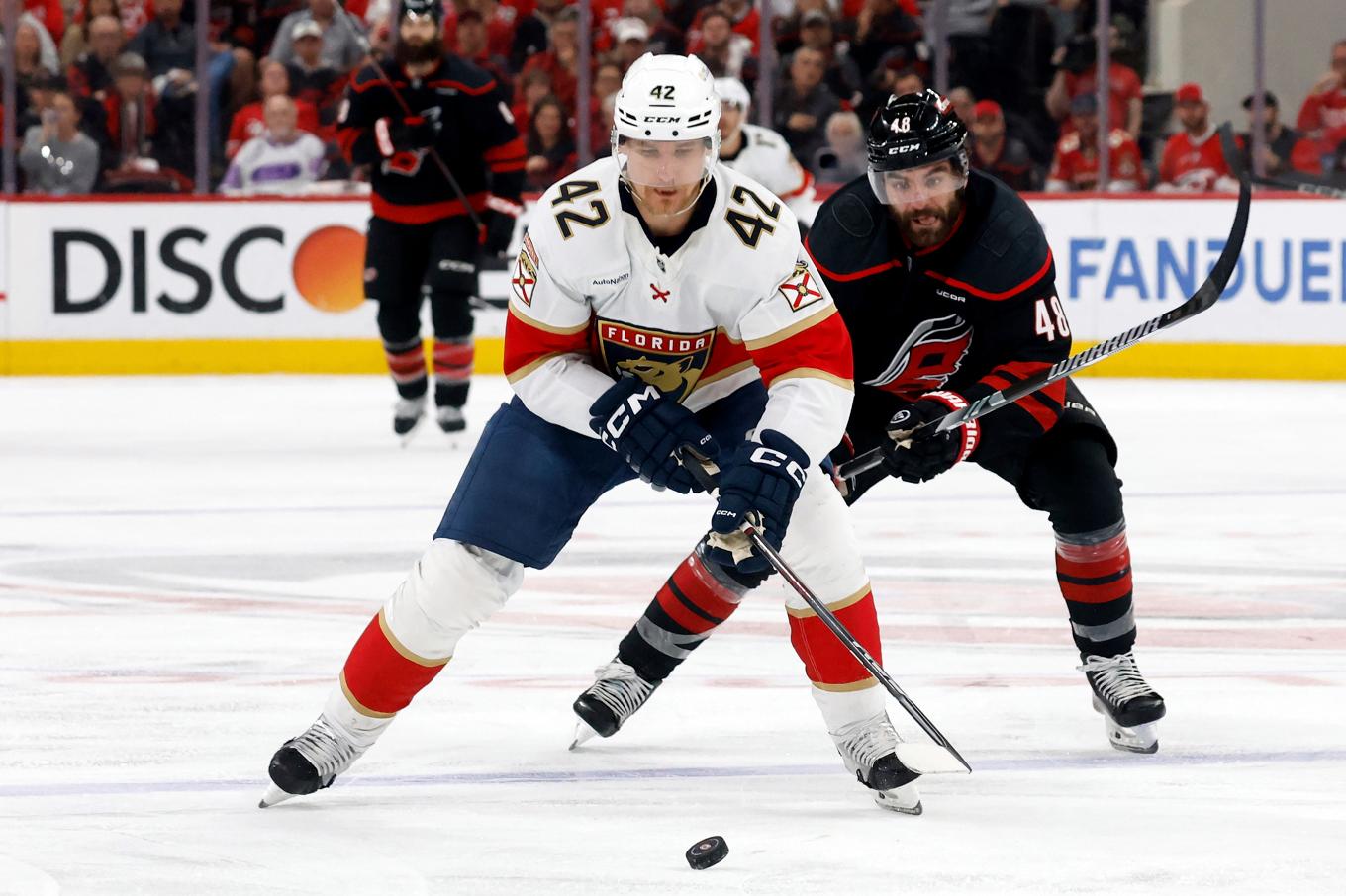 Floridasvensken Gustav Forsling (42) stod för en assist mot Carolina. Foto: Karl B DeBlaker/AP/TT
