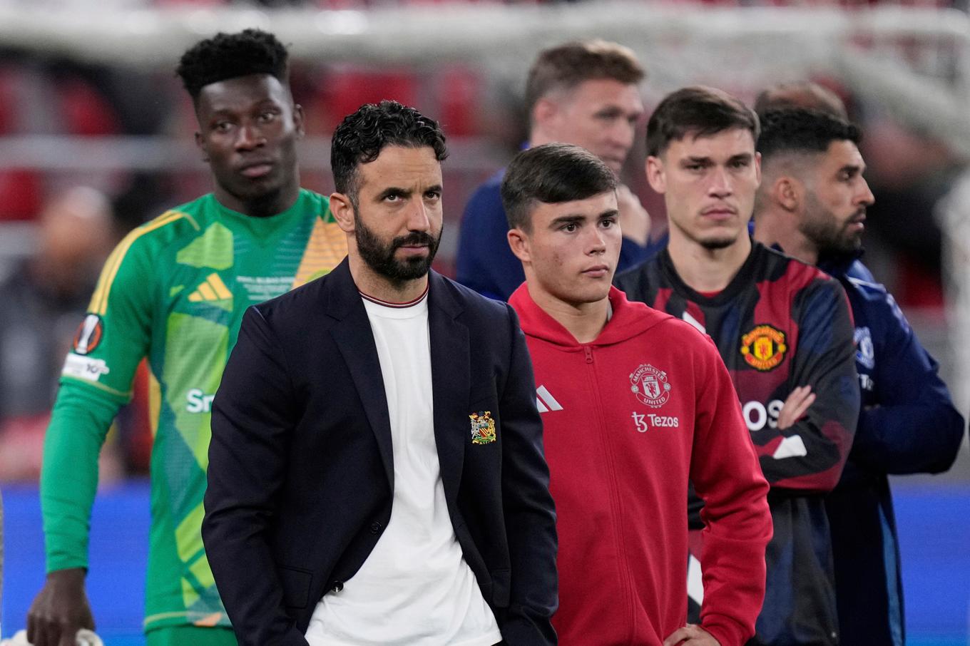 Manchester United-tränaren Rúben Amorim under Europa League-finalen mot Tottenham på onsdagskvällen där det blev en 0–1-förlust. Foto: Bernat Armangue/AP/TT
