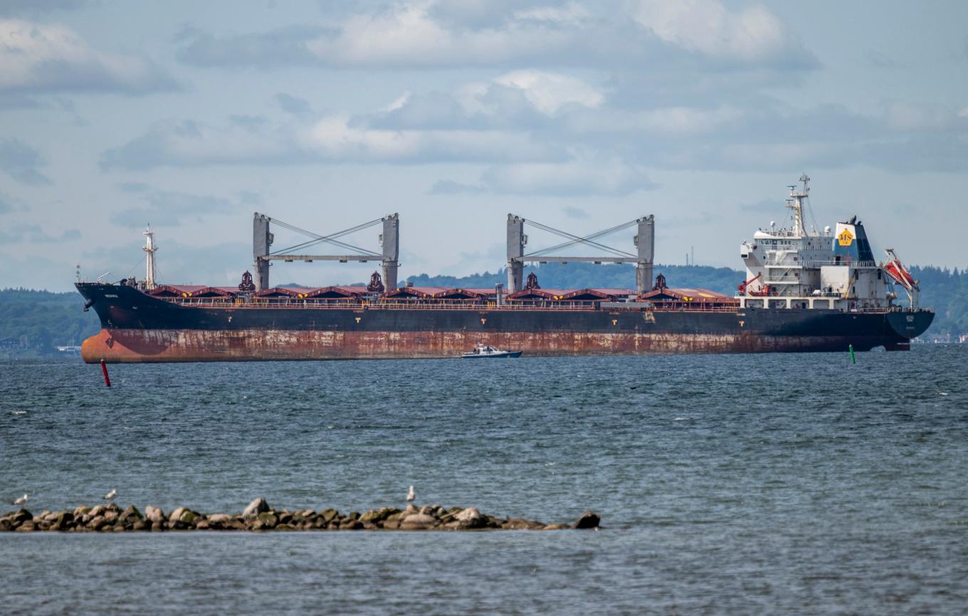 Bulkfartyget Meshka står på grund utanför hamnen i Landskrona på lördagen. Fartyget var på väg söderut genom Öresund på väg till en rysk hamn i Finska viken när det av okänd anledning gick på grund utanför Landskrona. Foto: Johan Nilsson/TT