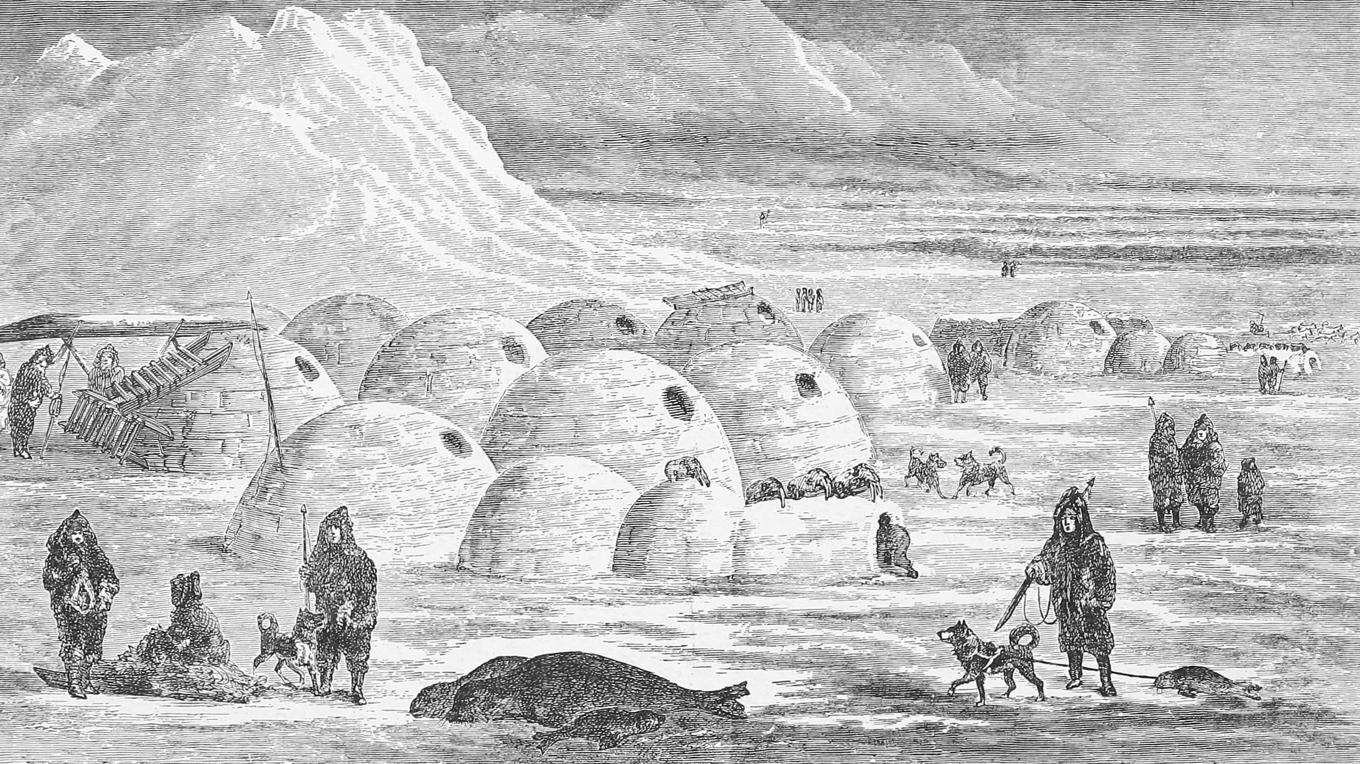 Inuitsamhälle 1885 med olika varianter av snö. Foto: Public Domain