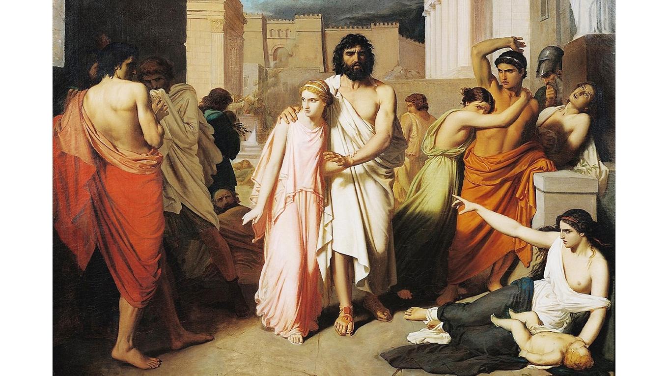 Antigone ledsagar sin blinde far, tillika bror, Oidipus. Målning av Charles Jalabert (1819–1901). Foto: Public Domain