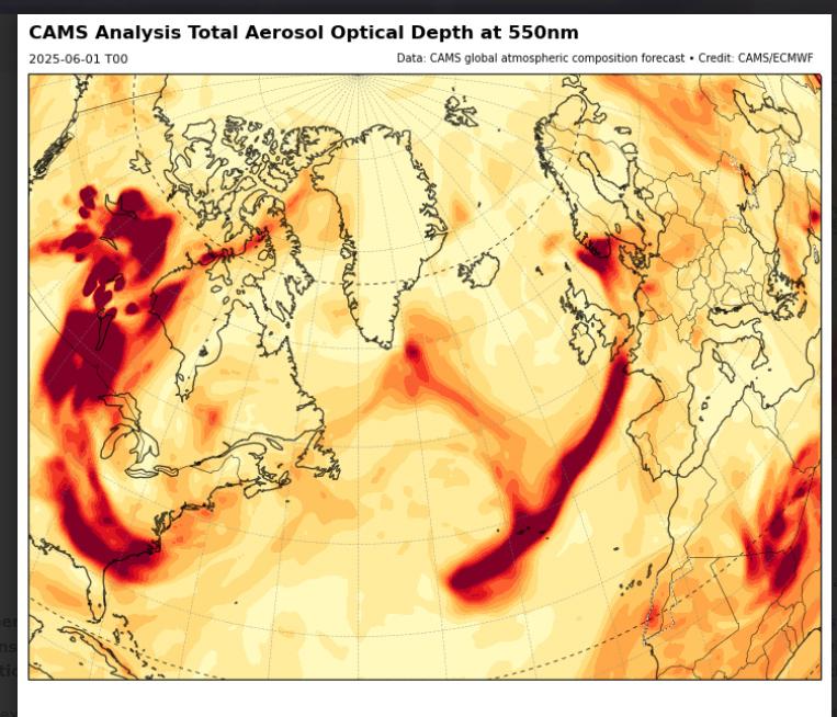 Röken från kanadensiska skogsbränder har nått Europa. Foto: Copernicus