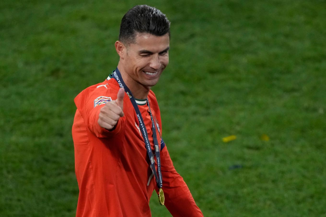 Cristiano Ronaldo efter att Portugal vunnit Nations League i helgen. Foto: Michael Probst/AP/TTT