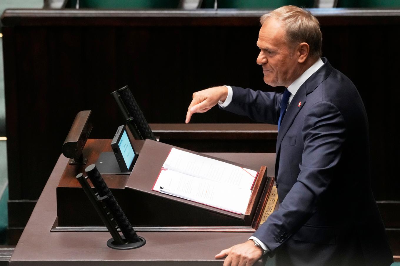 Polens premiärminister Donald Tusk i parlamentet på onsdagen. Foto: Czarek Sokolowski/AP/TT