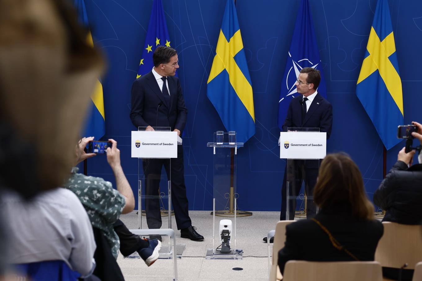 Statsminister Ulf Kristersson och Natos generalsekreterare Mark Rutte under en pressträff i Stockholm. Foto: Stefan Jerrevång/TT