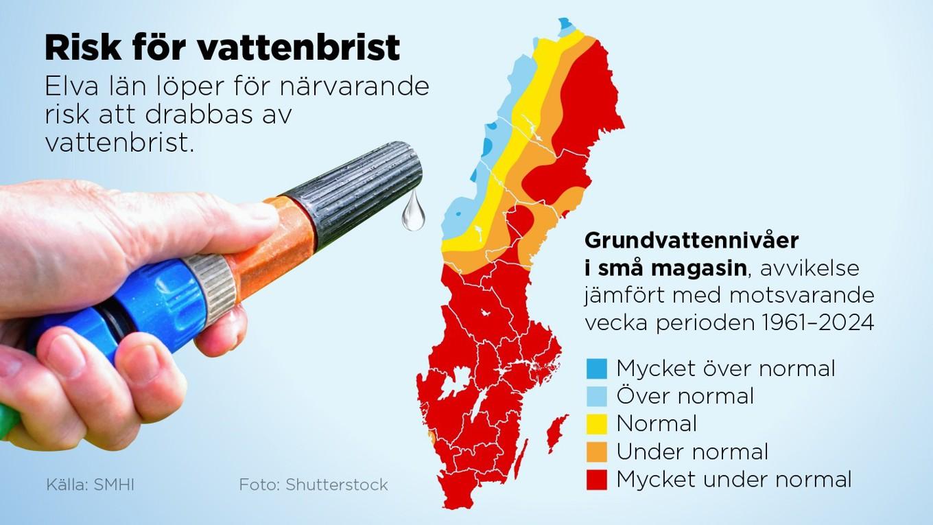 Grundvattennivåerna är mycket under det normala i stora delar av landet. Elva län i Götaland och Svealand löper risk för vattenbrist. Foto: Anders Humlebo/TT