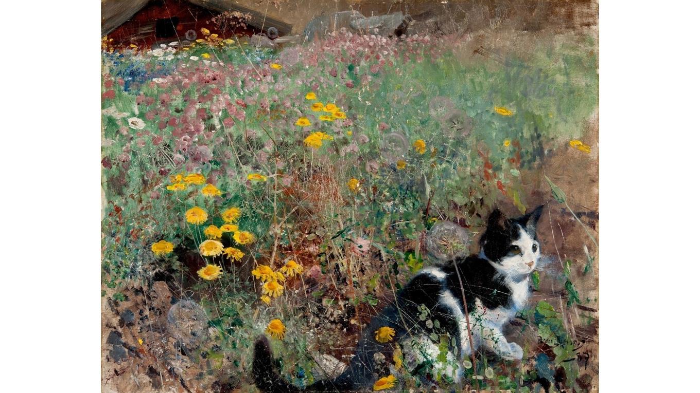Bilderna i medieportalen är kategoriserade efter exempelvis konstnär, föremål och titel. Här syns Bruno Liljefors målning ”Katt på blomsteräng” från 1887. Foto: Cecilia Heisser