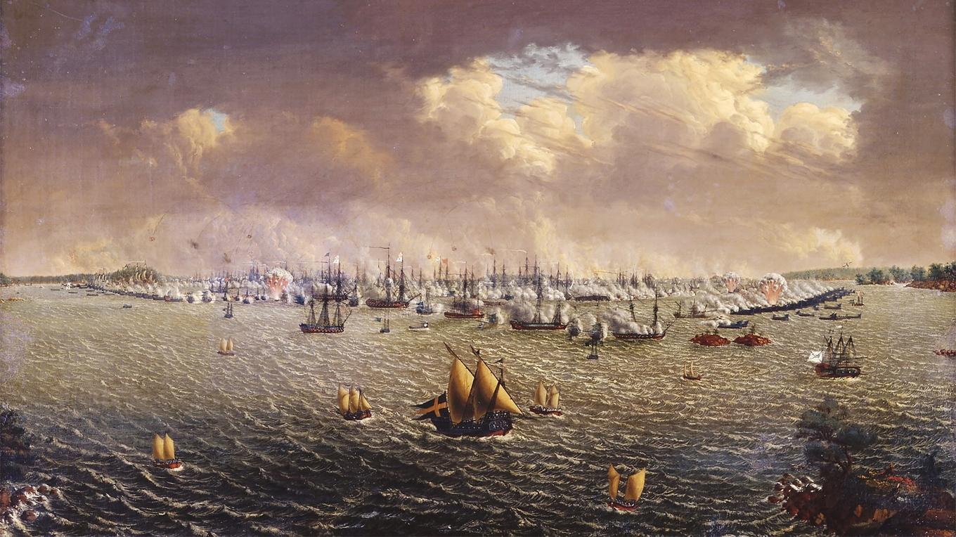 ”Bataillen vid Svensksund den 9 och 10 juli 1790, då Svenska Skärgårdsflottan under Konungens eget befäl eröfrade 55 ryska fartyg.” Olja på duk av Johan Tietrich Schoultz. Foto: Sjöhistoriska Museet