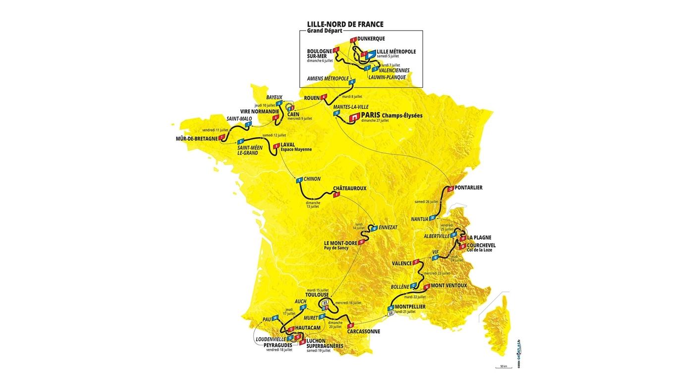 Årets Tour de France håller sig helt inom landets gränser. Förra året gick starten i Florens med mål i Nice på grund av OS i Paris. I år är man för 50:e gången tillbaka med målet på Champs-Élysées i den franska huvudstaden. Grafik: ASO
