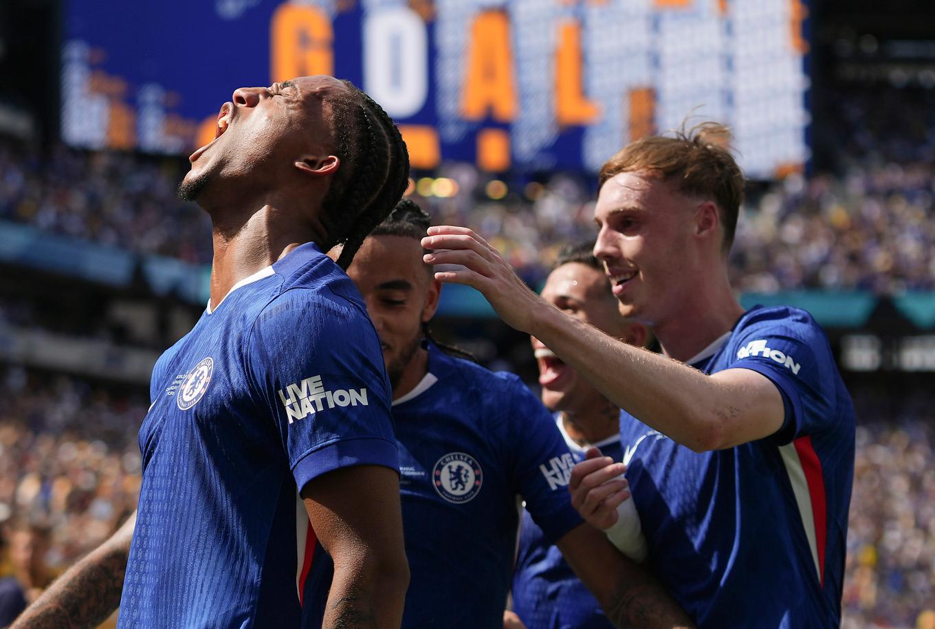 Chelsea jublar efter ett mål mot PSG i finalen i klubblags-VM. Foto: Frank Franklin II/AP/TT
