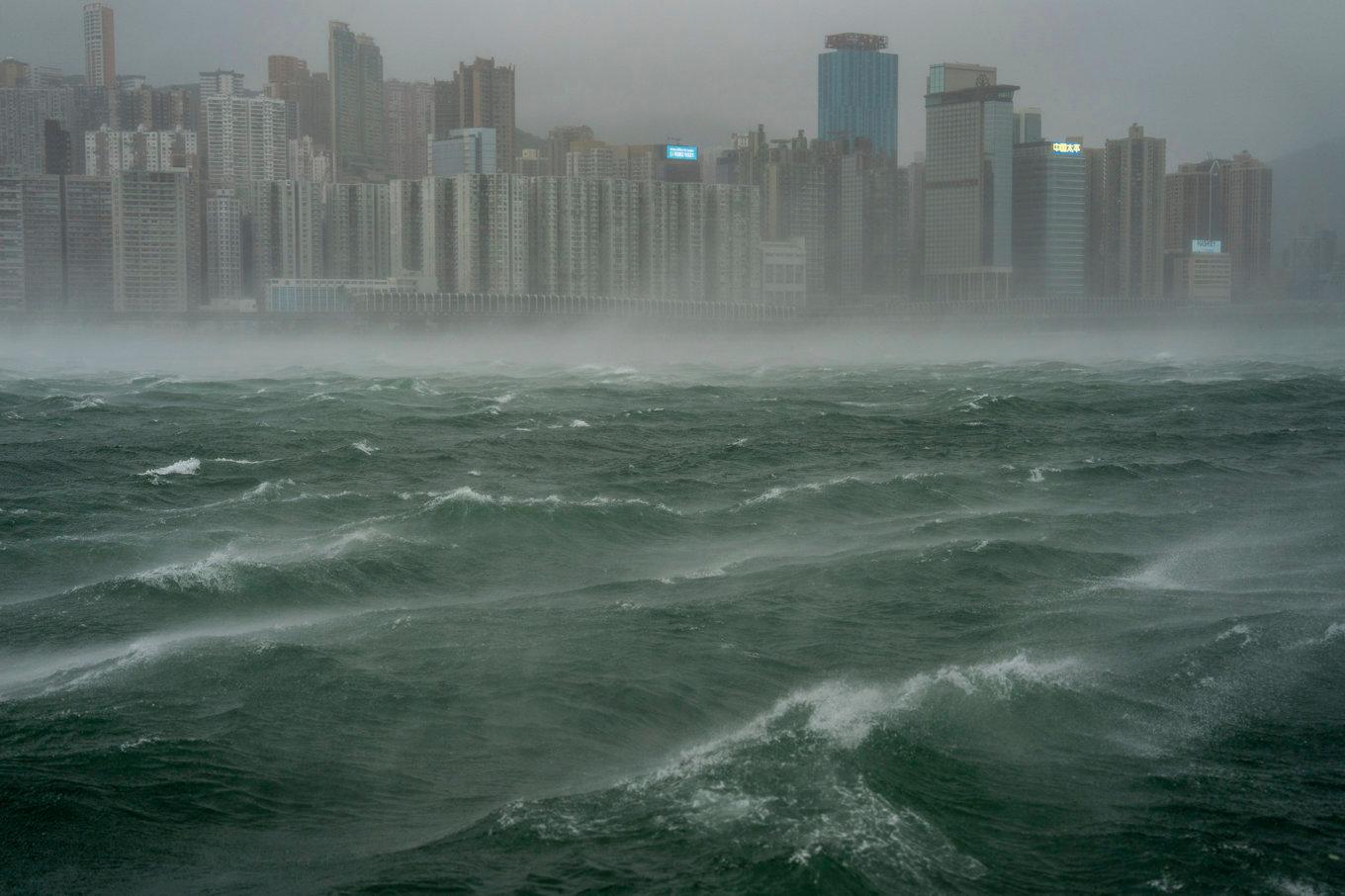 Tyfonen Wipha har lämnat efter sig minst 33 skadade personer, över 700 nedfallna träd och omkring 500 inställda flyg i Hongkong under söndagen. Foto: Vernon Yuen/AP/TT